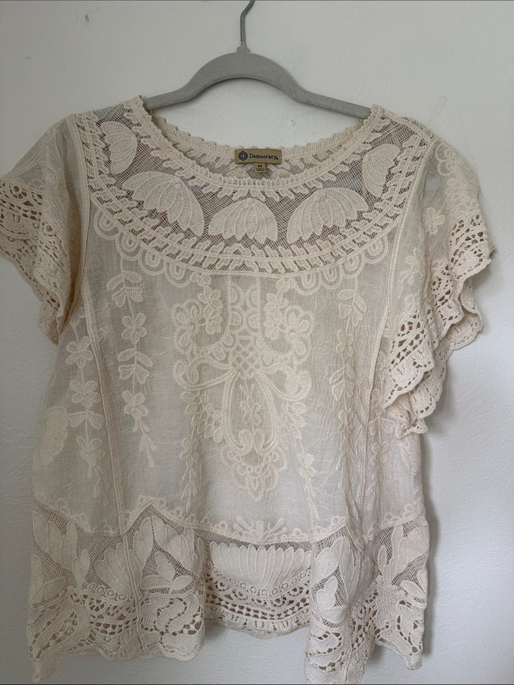 Democracy Cream Lace Crochet Short Sleeve Blouse